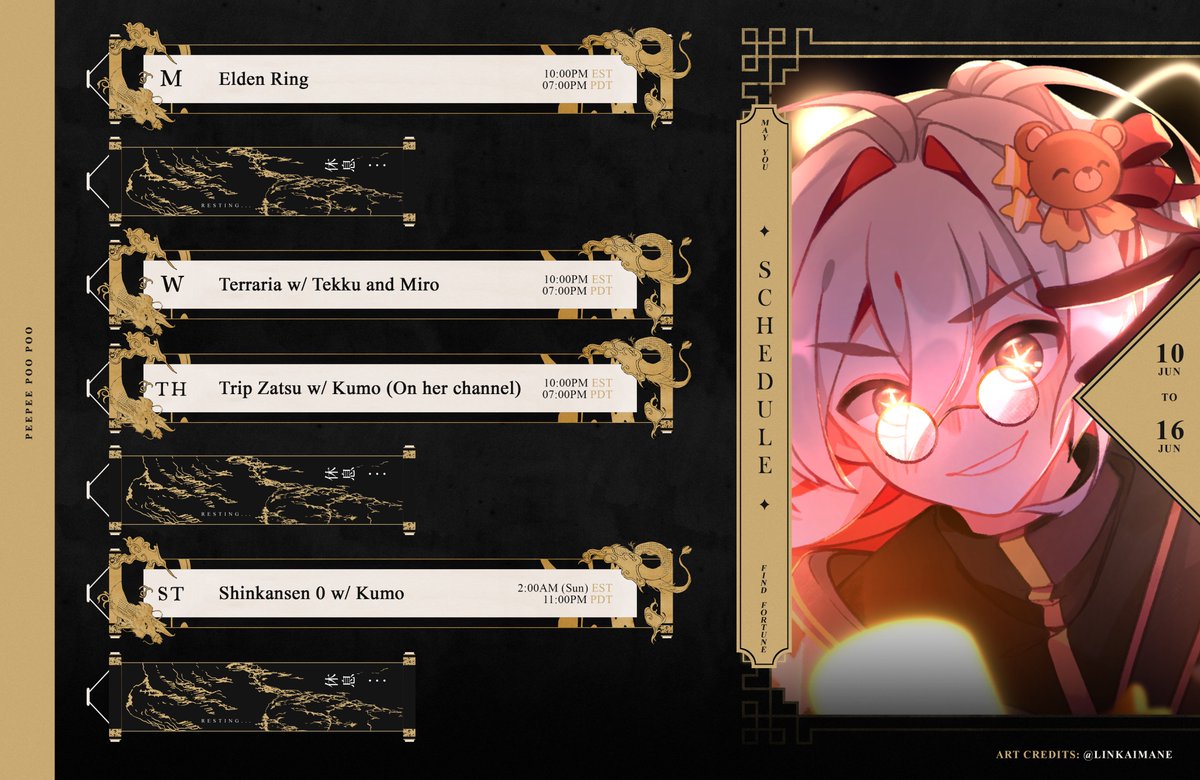 MatsuoKumagaya's tweet photo. ⛩🧸 June 10 - June 16 🧸⛩

We're properly back this week! Elden Ring prep before DLC and then talking about my trip with @YumeKumori

Live: #MatsuOnline
Art: #Rakumagaki
Meme/Clips: #KumaKusa

🎨: #linkaimane
📆: #OrihimeVT

#新人Vtuber #VtuberUprising #ENVtuber #MatsuOnline https://t.co/xyBTX4LZI5