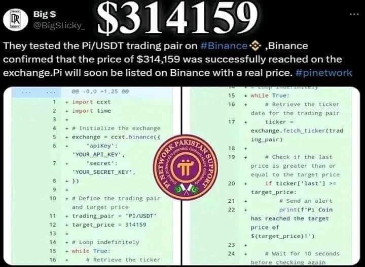 NEWS_Pii's tweet photo. ..I can't believe my eyes.😮
 🚀 Exciting news for the Pi community 🚀,🚀🚀
🔎🔎🔎🔎🔎🔜🔜🔜🌏
 🌟 Check the Pi/USDT trading pair on Binance: Successful price reached 314,159, Pi will be listed soon!  🌟

 The crypto world is buzzing with excitement as the Pi/USDT trading pair has undergone a successful test on Binance, one of the largest cryptocurrency exchanges globally.  During this test, the Pi network reached an attractive price of $314,159!  This development has led to increased optimism regarding Pi's upcoming official listing on Binance at a real market price.  📈

 🔍 The most successful experiments

 Great potential: Experience has shown the great value and appeal of Pi Network as a virtual currency asset.
 Efficient transactions: Both Pi Network and Binance have demonstrated the ability to process large amounts of transactions smoothly.
 Rigorous testing: Selected users traded Pi with USDT under simulated conditions to ensure smooth performance.
 🌐 The importance of adding Pi on Binance

 High Liquidation: Binance's extensive trading volume will make trading easier for Pi users.
 Enhanced Security: Binance's powerful security system ensures maximum protection of user assets.
 GLOBAL REACH: Adding Pi on Binance will expand its international reach, attracting more users and investors.
 💼 Impact on the community and investors

 Increased confidence: This achievement will increase the confidence of reluctant investors, promoting growth in the Pi community.
 Wider Recognition: Binance Recognition opens the door for Pi recognition by individual investors and financial institutions.
 🔜 next steps

 OFFICIAL LAUNCH: Pi Network and Binance are working closely for a smooth launch.  Stay tuned for the official announcement of the launch date and details!
 PREPARATION: Additional testing and system adjustments are currently underway to ensure a smooth launch.
 💡 Technology and innovation behind Pi Network

 Stellar Consensus Protocol (SCP): Ensures fast and efficient transactions with minimal energy consumption.
 Algorithm of the Byzantine Convention: (X)