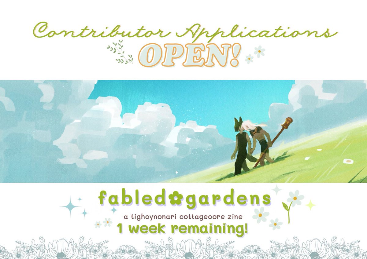 fabledzine's tweet photo. 🌱1 week remaining for contributor applications!🌿

thank you everyone for trekking through the forest with us! #cynonari #tighcyno's cozy cottage is just over the horizon line🍃🧺

applications will remain open until june 17, 20:00 PST

art by @nellodies 

🖇️below! https://t.co/qzDzupgGDu