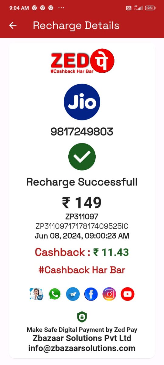 *🏆 Zedpay 🇮🇳🏆*  ऐप्लिकेशन से रिचार्ज करने से लाइफ टाइम गेरेंटेड कैशबैक पाओ179/- पे Cashback - 12.53
239/- पे Cashback - 16.73
479/- पे Cashback -33.53 
549/- पे Cashback -38.43 
719/- पे Cashback - 50.53
Registration Link 
zbazaarsolutions.com/invite?referre…
9468657073