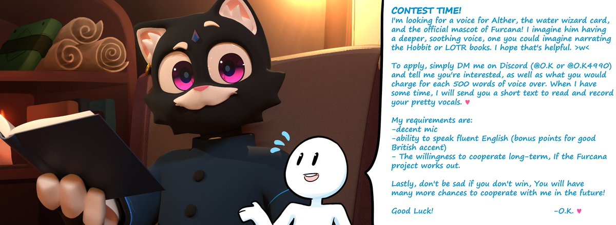 K_O_Tsitra_Eht's tweet photo. More #Furcana News! 

We're making a Voice Actor contest!
Wanted to help O.K with some stuff? Well, this contest is for you! ^^

Details are in the image. >v<

Contest lasts until June 23! 

Remember, DM me at "O.K" or "O.K.4990" on Discord.
#Furryart #anthro #fantasy #cat https://t.co/Pfao48NGd2