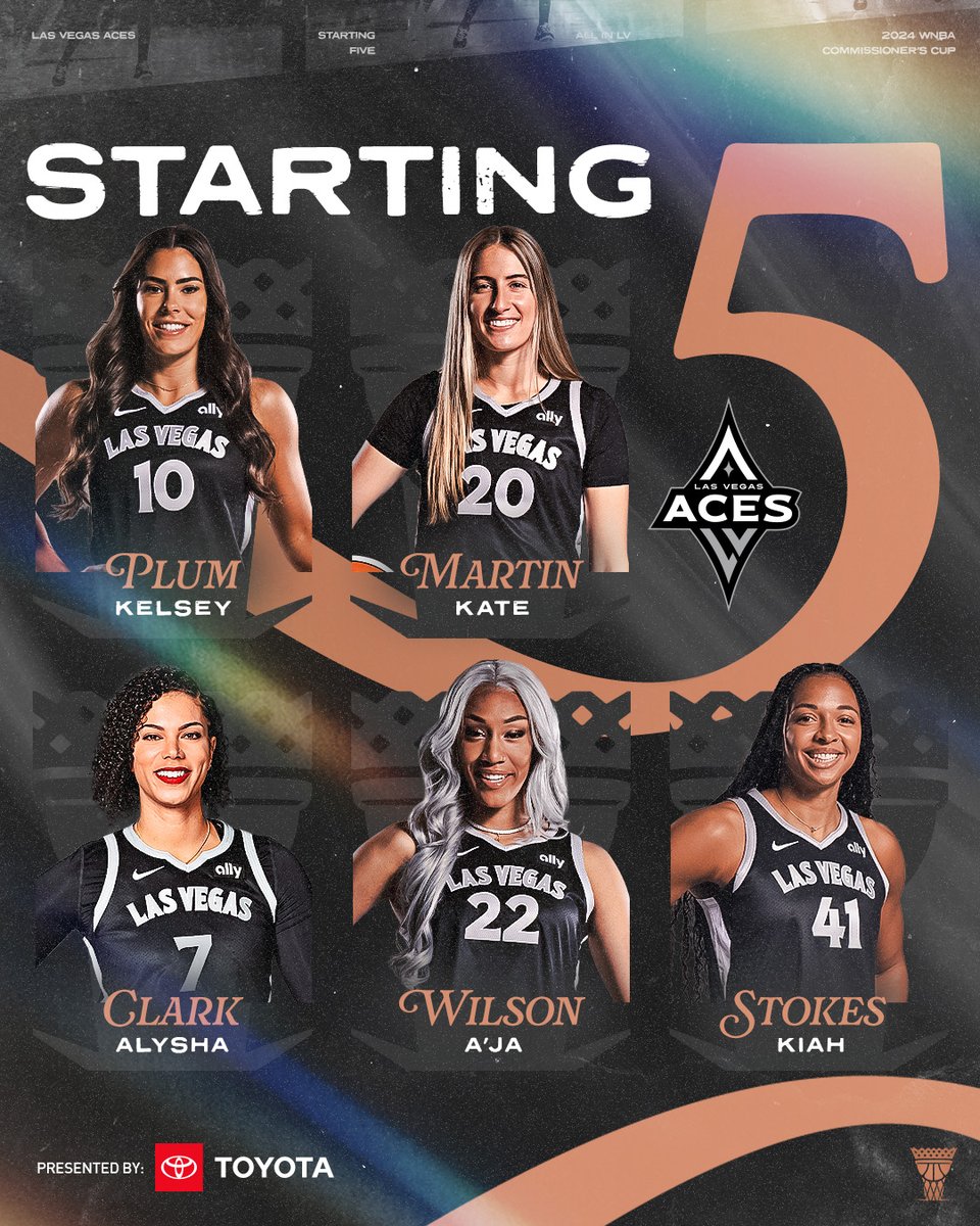 Las Vegas Aces (@lvaces) on Twitter photo 𝐓𝐇𝐄 𝐅𝐈𝐕𝐄
1⃣0⃣ Plum
2⃣0⃣ Martin
7⃣ Clark
2⃣2⃣ Wilson
4⃣1⃣ Stokes
Presented by <a href="/Toyota/">Toyota USA</a>
#ALLINLV // #LetsGoPlaces 𝐓𝐇𝐄 𝐅𝐈𝐕𝐄
1⃣0⃣ Plum
2⃣0⃣ Martin
7⃣ Clark
2⃣2⃣ Wilson
4⃣1⃣ Stokes
Presented by <a href="/Toyota/">Toyota USA</a>
#ALLINLV // #LetsGoPlaces
