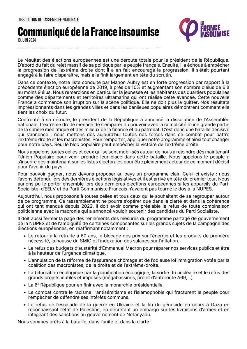 FranceInsoumise's tweet photo. 🔴 Communiqué de la France insoumise

Dissolution de l'Assemblée nationale - Nous sommes prêts à la bataille, dans l’unité et dans la clarté !

➡️ Sur notre site : https://t.co/GNVRGaouva

#UnionPopulaire https://t.co/YnsQtHguY3