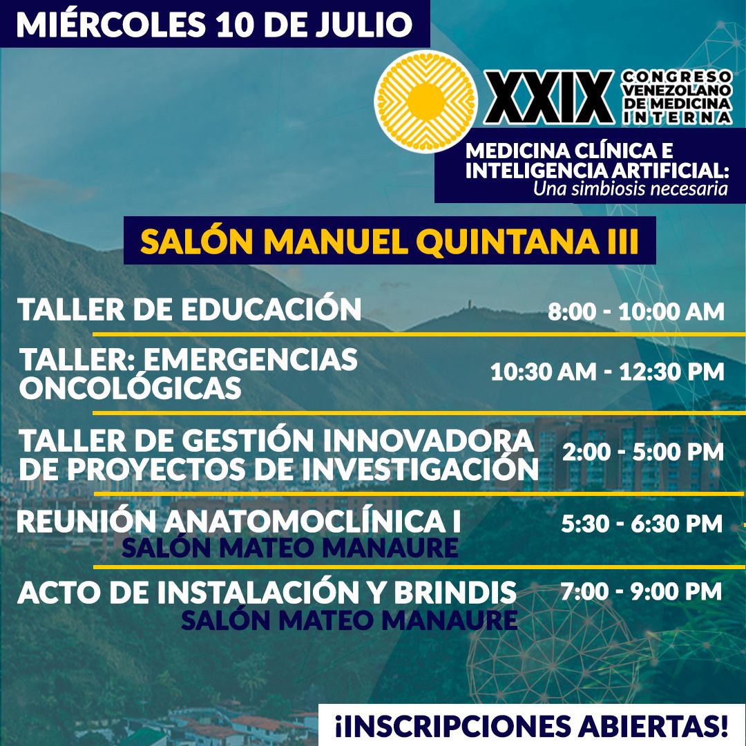 ¡Programa académico (resumen) del primer día de congreso  (MIÉRCOLES 10/07) que tendremos este próximo 10-13 de Julio! 🔥

XXIX CONGRESO Venezolano de Medicina Interna ⭐️👩🏻‍⚕️👨🏻‍⚕️

Hotel Renaissance - La Castellana (Caracas) 🆗
#CongresoVenezolanoDeMedicinalnterna
#CongresoVenezolano