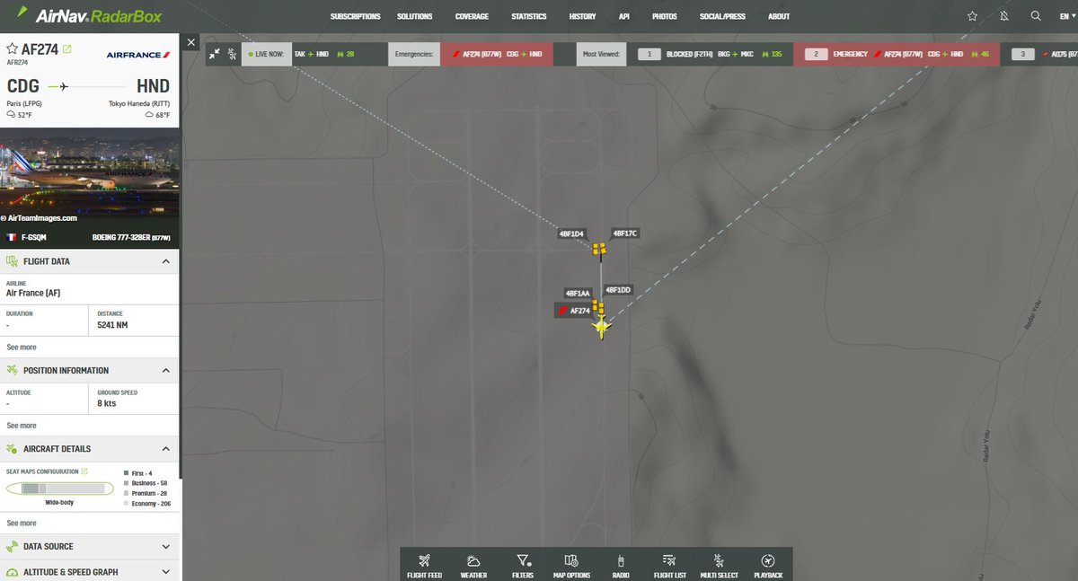 AvSourceNews's tweet photo. @RadarBoxCom AF274 is on the move once again, and is being escorted by emergency crews, presumably to a stand so then passengers can deplane if necessary.

https://t.co/cK8SNq8uOz

@RadarBoxCom

#AirFrance #AF274 #Paris #Tokyo #Istanbul #AvGeek https://t.co/nqxDtG9ijN