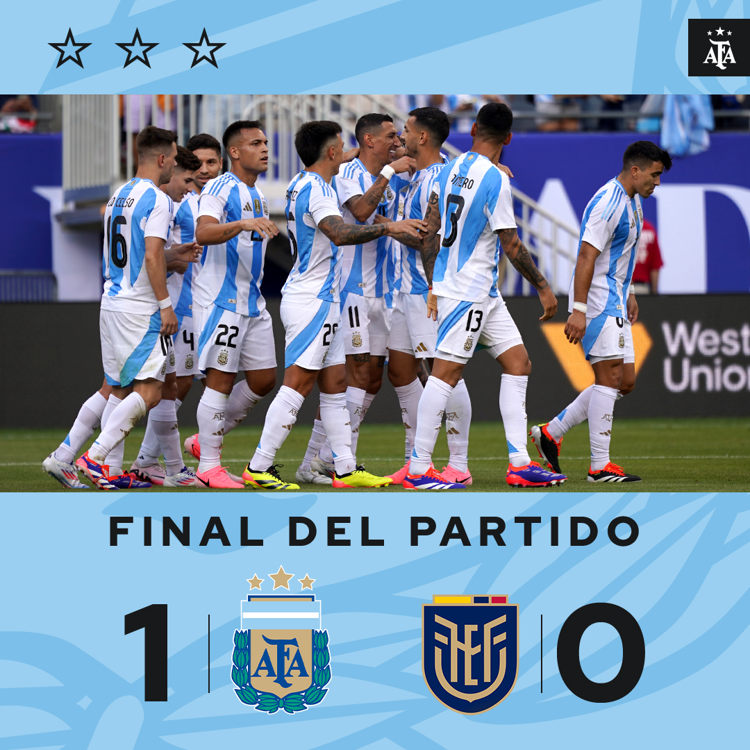 Argentina's tweet photo. 🏆 #SelecciónMayor

⚽ @Argentina 🇦🇷 1 (Ángel Di María) 🆚 #Ecuador 🇪🇨 0

👉 ¡Final del partido!

🔜 El elenco comandado por Lionel #Scaloni jugará el próximo viernes ante #Guatemala 🇬🇹 https://t.co/EcCJif2esA