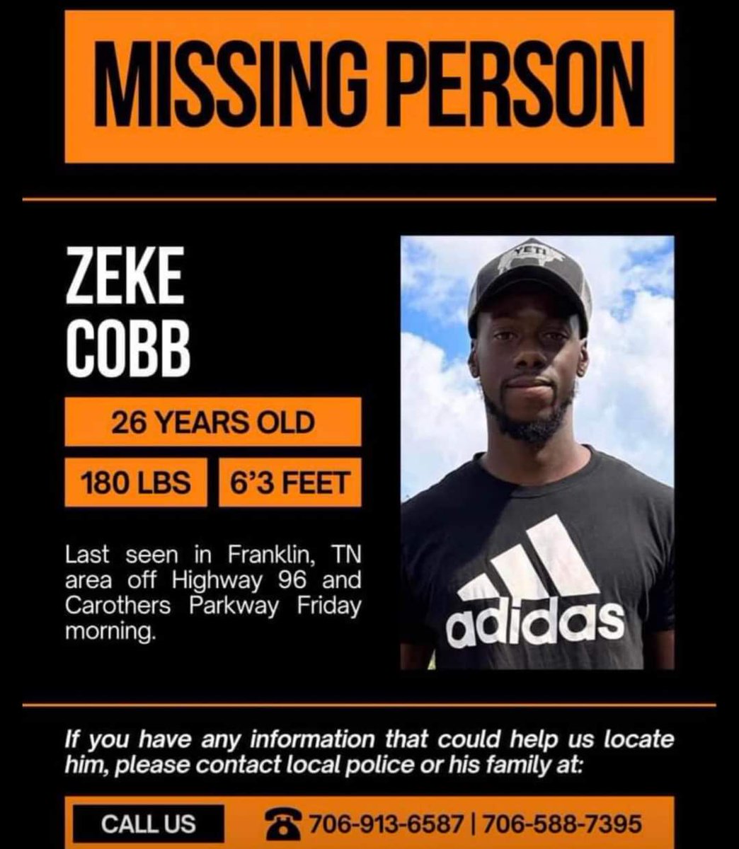 CrimeNJusticeYT's tweet photo. #missingperson Zeke Cobb, 26, last seen in Franklin, TN June 7, 2024. #missingtennessee #repost #tennessee https://t.co/Y11yfimFQy