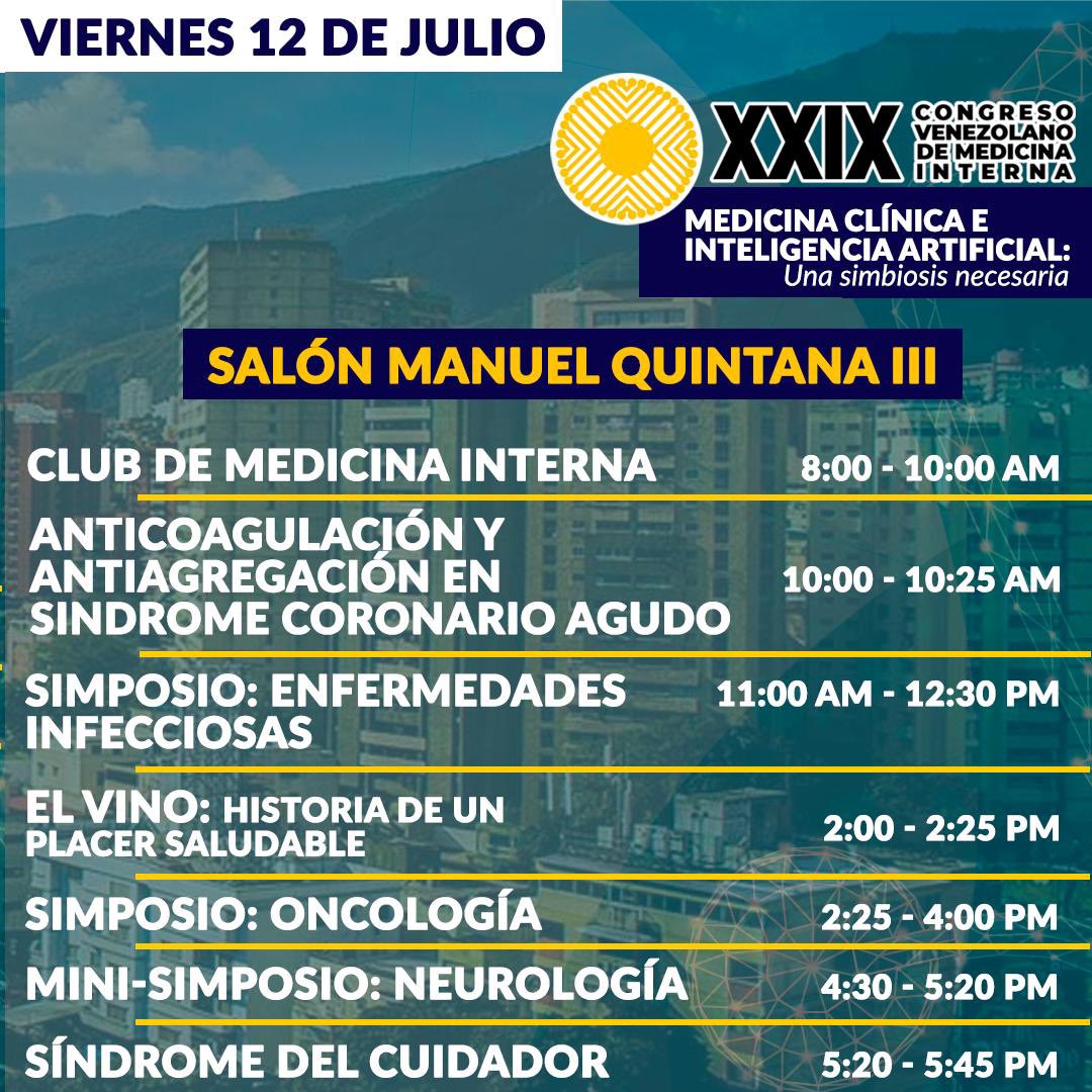 Segunda parte- ¡Programa académico (resumen) del primer día de congreso  (VIERNES 12/07) que tendremos este próximo 10-13 de Julio! 🔥

XXIX CONGRESO Venezolano de Medicina Interna ⭐️👩🏻‍⚕️👨🏻‍⚕️

Hotel Renaissance - La Castellana (Caracas) 🆗
#CongresoVenezolanoDeMedicinalnterna
