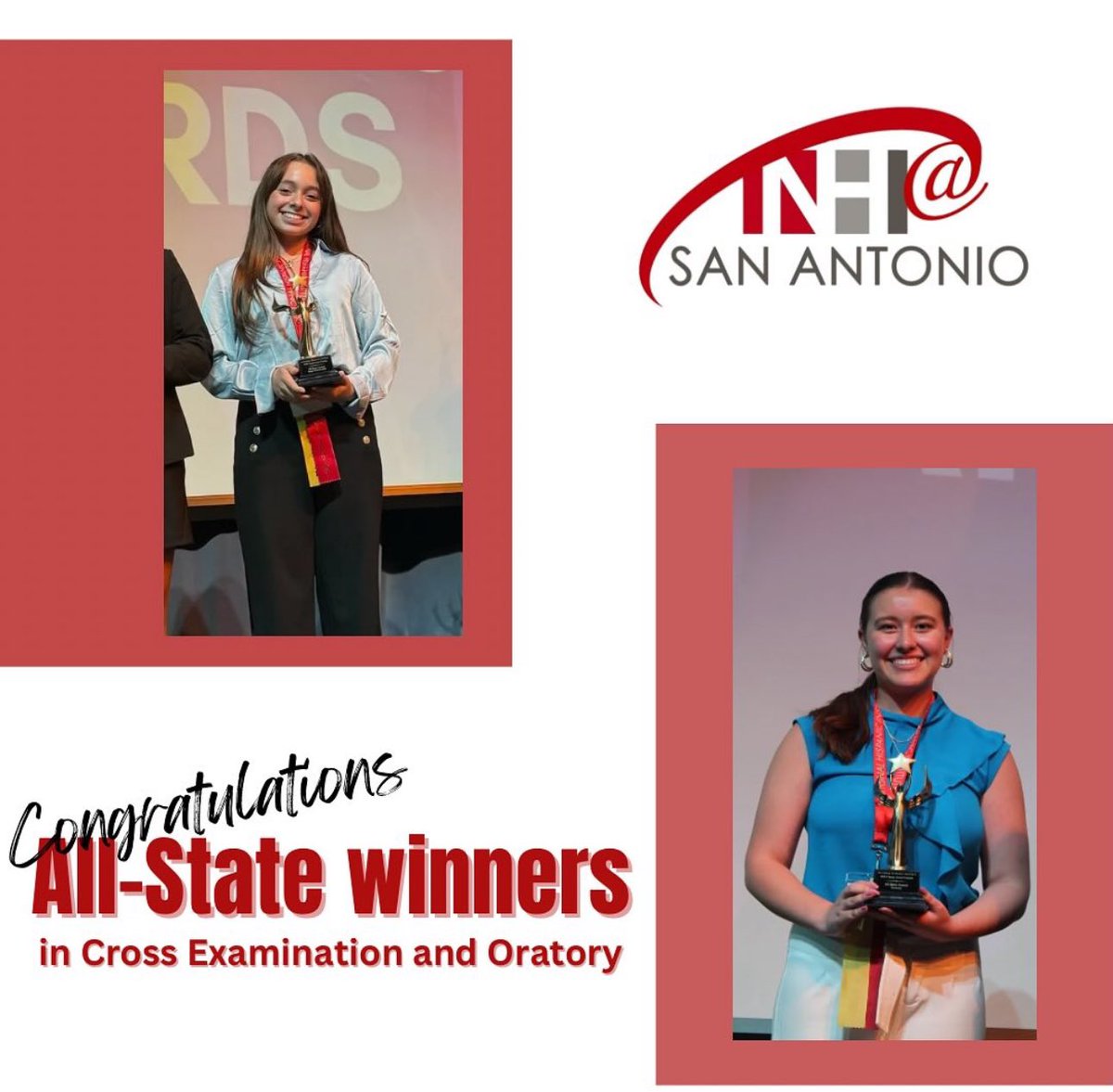 NHIatSA's tweet image. In the category of #Oratory, CONGRATULATIONS to ALL-STATE AWARD WINNER Alejandra Montanez, SAISD-Young Women’s Leadership Academy; and ALL-STATE AWARD WINNER Ava Pedraza, Antonian College Preparatory High School! 🥳🥳 
#NationalHispanicInstitute #GreatDebate #2024TXGD #NHIatSA