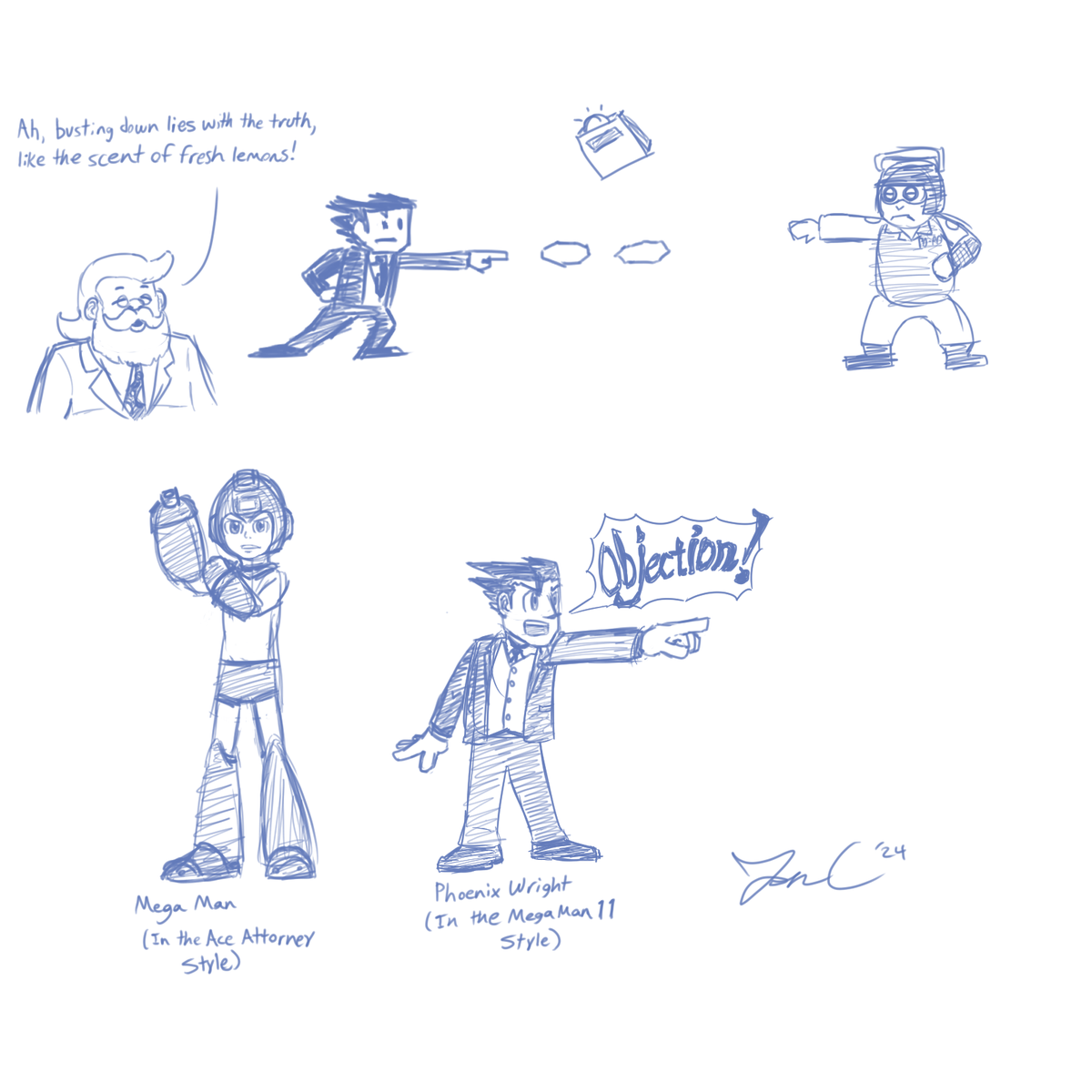 JonCausith's tweet photo. While I don't have anything spectacular for Rockman Day, I did sketch this Ace Attorney/Mega Man crossover pic back in April for @SaveDataTeam. Hope y'all enjoy! #ロックマンの日 #megamanfanart #aceattorneyfanart https://t.co/oQErH3pODo