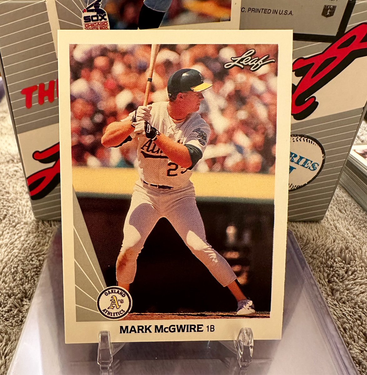 oldmanstylecard's tweet image. Junk Wax Portraits: 1990 Leaf Mark “Ready To Launch” McGwire. Always loved the classic look of these Leaf cards. Absolute game changer when they came out on the scene in 1990. This one is pack fresh and is $3. #leaf #leafbaseball #baseballcards #baseballcard #markmcgwire #cards