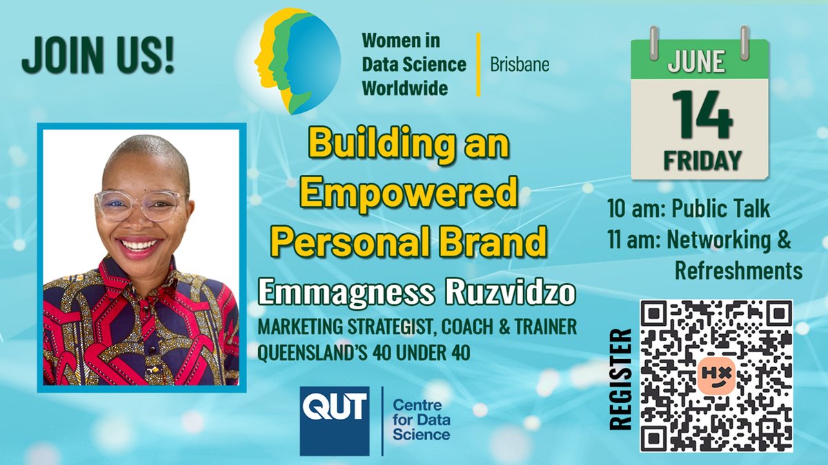 QUT Centre for Data Science (@qutdatascience) on Twitter photo Attention <a href="/QUT/">QUT</a> ECRs, HDRs, & undergrads - join us Friday for a special event aimed at helping build your personal (career) brand to attract the right opportunities. We're partnering with @WiDS_Worldwide to bring you this event featuring Emmagness Ruzvidzo.
events.humanitix.com/building-an-em… Attention <a href="/QUT/">QUT</a> ECRs, HDRs, & undergrads - join us Friday for a special event aimed at helping build your personal (career) brand to attract the right opportunities. We're partnering with @WiDS_Worldwide to bring you this event featuring Emmagness Ruzvidzo.
events.humanitix.com/building-an-em…