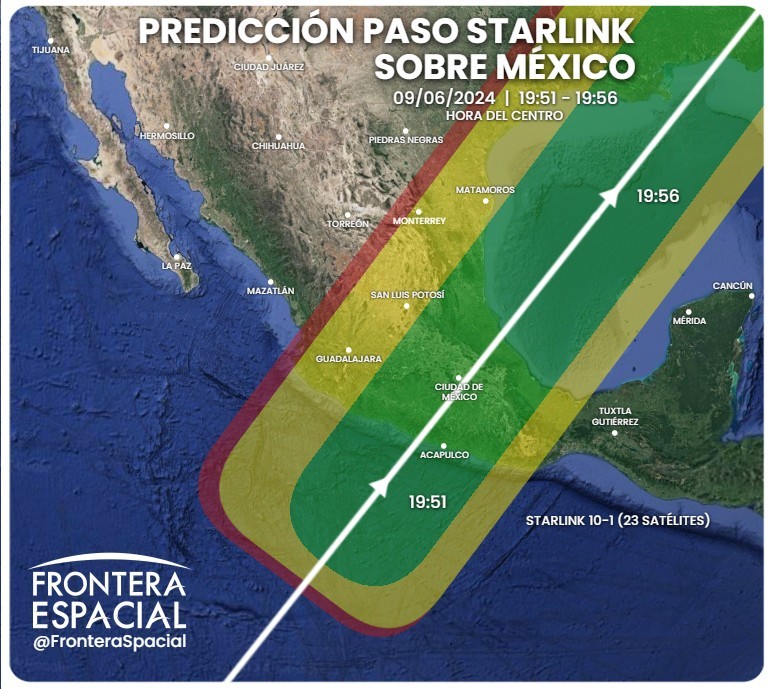 FronteraSpacial's tweet photo. 🇲🇽🛰️ ¡OJOS AL CIELO PARA MÉXICO! 👀

Este domingo, tenemos posibilidad de ver DOS TRENES STARLINK por el centro y noreste del país. ¡Doble fenómeno impresionante con pocos minutos de diferencia! Uno entre 19:51-19:56 y otro entre 20:05-20:11 hora del centro.

¡COMPARTE! 🔁❤️ https://t.co/7pNNE3uunH