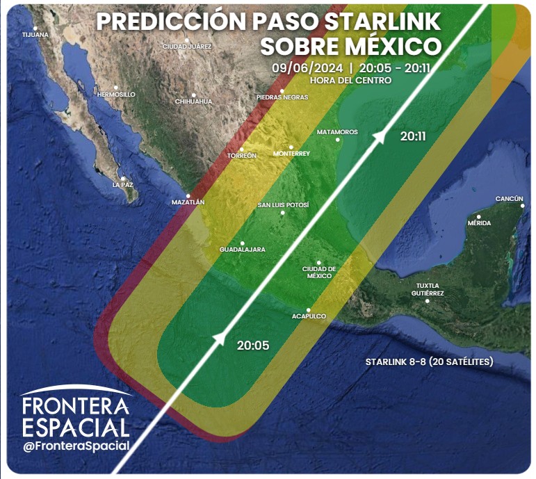 FronteraSpacial's tweet photo. 🇲🇽🛰️ ¡OJOS AL CIELO PARA MÉXICO! 👀

Este domingo, tenemos posibilidad de ver DOS TRENES STARLINK por el centro y noreste del país. ¡Doble fenómeno impresionante con pocos minutos de diferencia! Uno entre 19:51-19:56 y otro entre 20:05-20:11 hora del centro.

¡COMPARTE! 🔁❤️ https://t.co/7pNNE3uunH