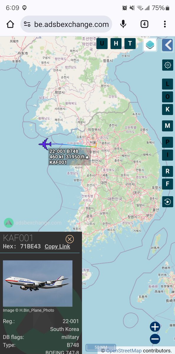 Borrowed7Time's tweet photo. S. Korea presidential B748 22-001 #71BE43 as KAF001 departed Seoul.
President Yoon Suk Yeol will make a state visit to Turkmenistan, followed by Kazakhstan and Uzbekistan. https://t.co/WWPrXgPQUv