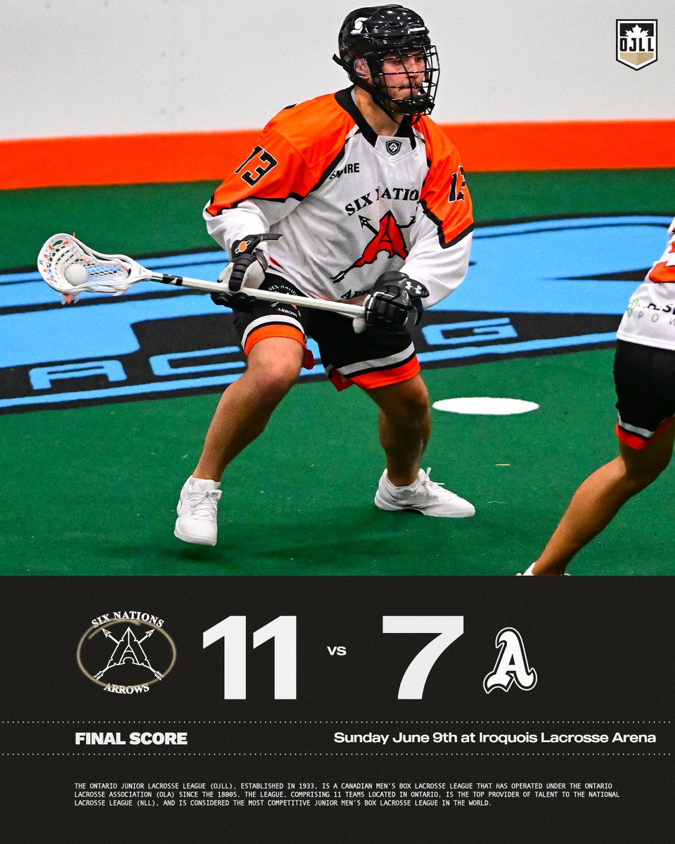 Six Nations Arrows defeat St. Catherines Athletics 11-7 at Iroquois Lacrosse Arena. 

#OJLL