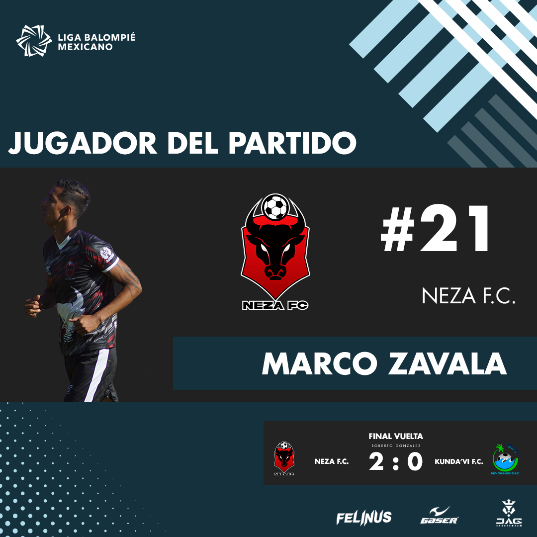 Felicitamos a Marco Zavala #21 del conjunto de Neza F.C. por su destacada participación en el encuentro vs Kunda'Vi F.C. convirtiéndose en el jugador del partido.

#LaEvoluciónDeLaPasión #BalompiéMexicano #LBM #FinalVuelta #PorAmorAlBalompié #SomosBalompié #Jugadordelpartido