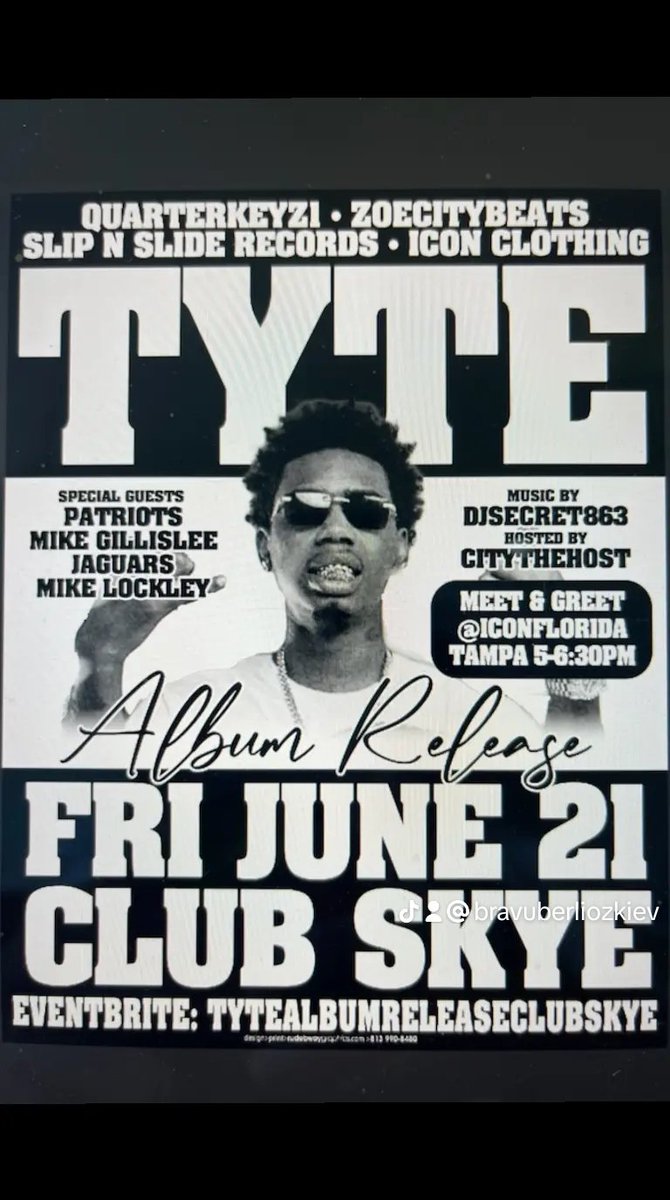 QUARTERKEYZ's tweet photo. Fri June 21

SLIP-N-SLIDE RECORDS &amp; iCON CLOTHING 
  presents

 Tyte Album Release Party 

Also performing live @kruthofficial 

Hosted by : NFL Greats: Patriots Mike Gillislee &amp; Jacksonville Jaguars @MikeLock59 

📍Club Skye Tampa 

 Music by Secret Tucker
Host by @CityTheHost https://t.co/bckQ6dyUYv