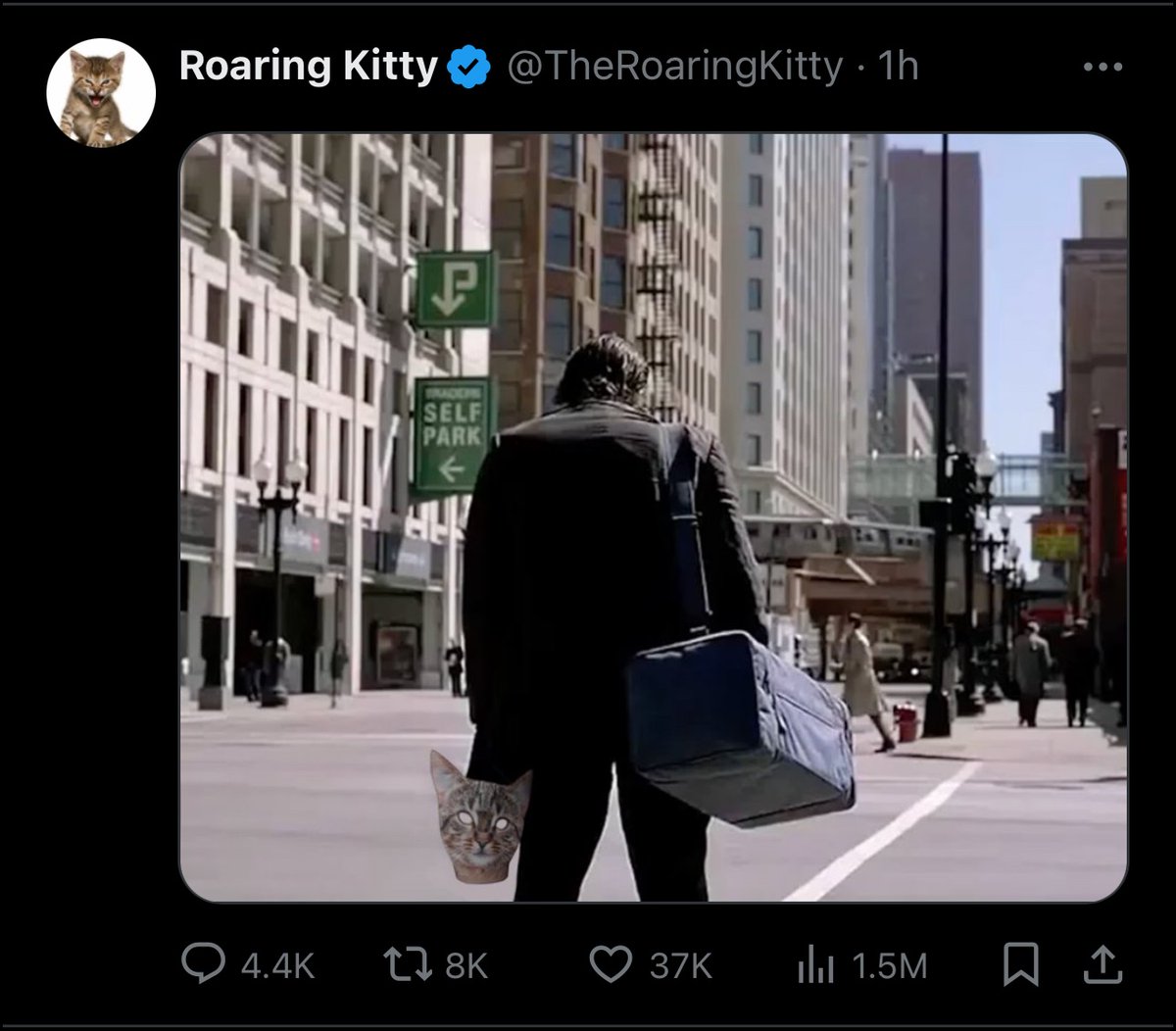 DaytraderTop's tweet photo. Roaring Kitty shows a scene reminiscent of the movie “The Dark Knight” where the Joker is walking away with a bag of money. This could symbolize Roaring Kitty cashing out of his GameStop (GME) position. The image’s context and timing suggest he might be signaling his exit. https://t.co/FzaFdEcTdM