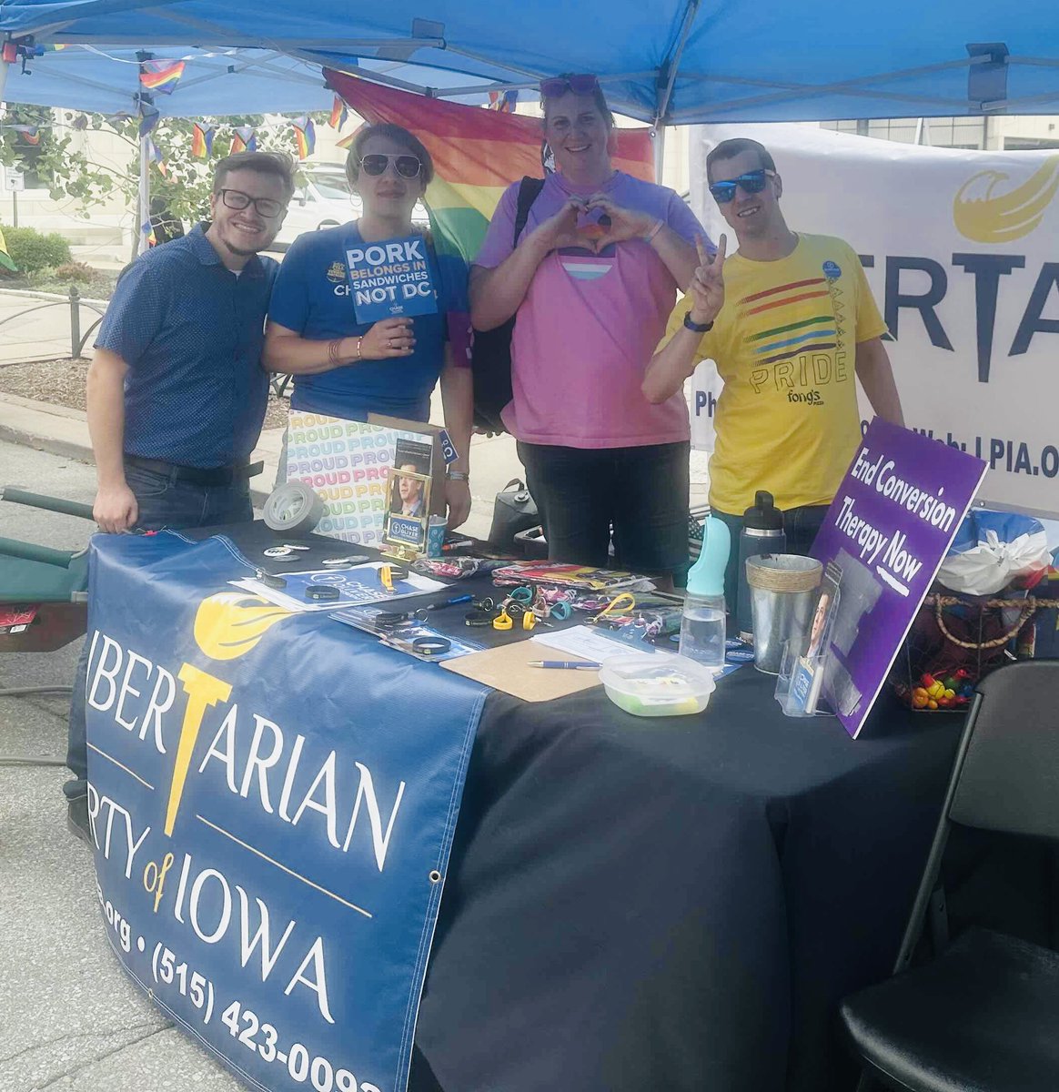 LPIowa's tweet photo. @ChaseForLiberty spotted repping our LP tent at #DSMPride ty @MedicJeni π https://t.co/cATcQsQYxE