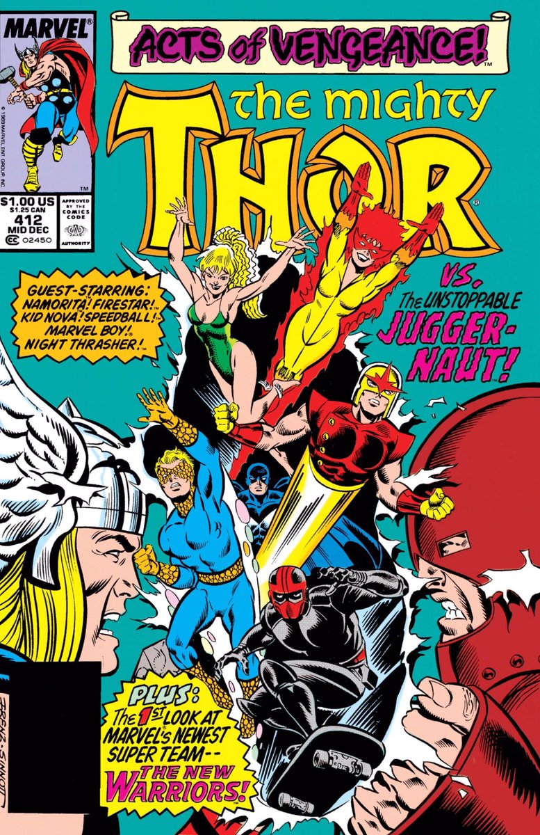 DailyAvengersHQ's tweet photo. #Thor 412 - The @New_Warriors help Thor battle Juggernaut as #ActsOfVengeance continues! Eventually a large hole is created and steel is thrown and melted on top of Juggernaut which doesn’t hold him for long - but long enough for Thor to teleport him away to another planet. https://t.co/YFSKCcpMCl