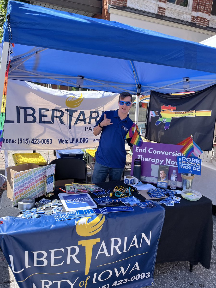 LPIowa's tweet photo. @ChaseForLiberty spotted repping our LP tent at #DSMPride ty @MedicJeni π https://t.co/cATcQsQYxE
