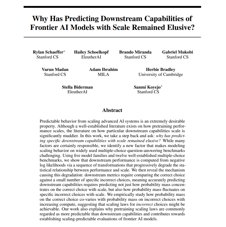 Why Has Predicting Downstream Capabilities of Frontier AI Models with Scale Remained Elusive?

Identifies a factor that induces unpredictability in multiple-choice assessments of frontier AI models

arxiv.org/abs/2406.04391