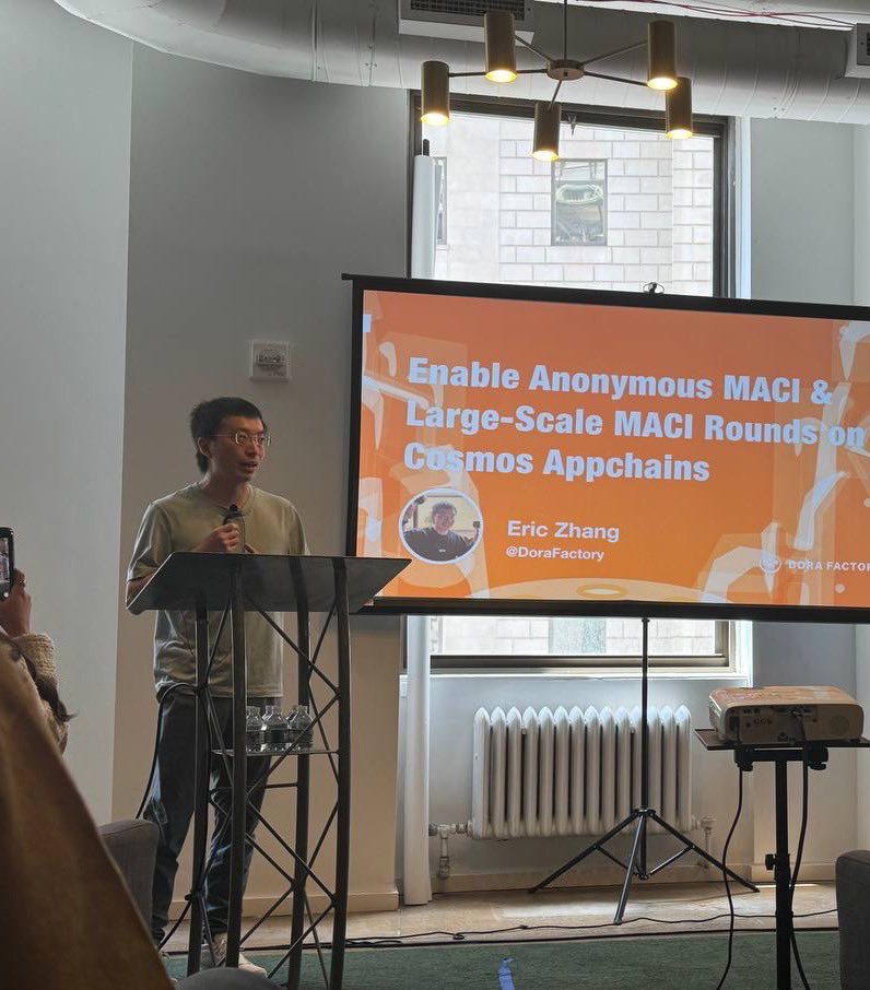 DoraFactory's tweet photo. Today at #Devmos @ericzhang90 gave a comprehensive introduction on how anonymous MACI has been implemented to the interchain dev community, as well as an update on Dora Vota MACI interface, the recent million-voter MACI round following prop #917, and the next steps of privacy preserving decentralized governance tech.
Special thanks to @osmosiszone team for hosting this great dev-centric meetup!
