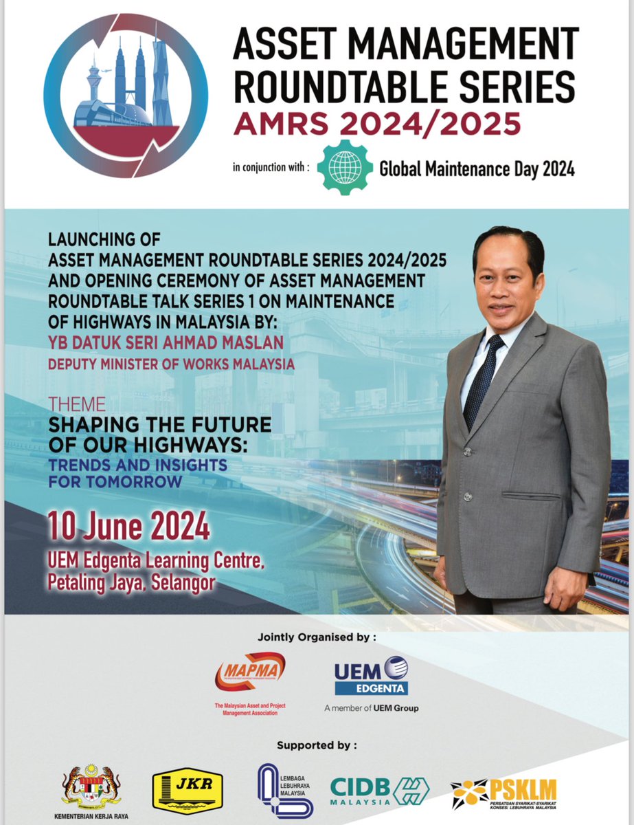 📍10 Jun 2024 |Seminar Asset Management Rountable anjuran <a href="/MYMAPMA/">MAPMA</a> 

Memimpin bacaan doa’ perasmian majlis yg dirasmikan oleh YB Datuk  Seri Ahmad Maslan , Timb. Menteri Kerja Raya.

“Moga percambahan ilmu, kepakaran dihasil demi industri lebuh raya di negara terus mampan”