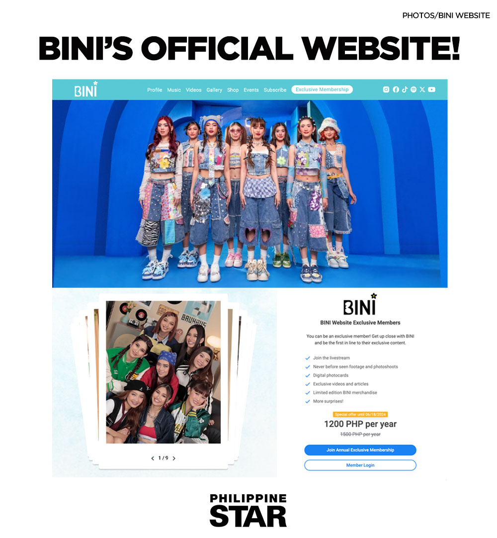 PhilippineStar's tweet photo. GOOD NEWS, BLOOMS! 🌸💗

P-pop girl group BINI delighted fans as they released their official website, https://t.co/NqXzWe2sgW, on Monday.

Fans can sign up to access exclusive content such as live streams, never before seen footage and photos, digital photocards, and more. The membership costs P1,200 annually for a special offer until June 18, 2024.

The website also highlights the group’s profiles, discography, merch, and events.