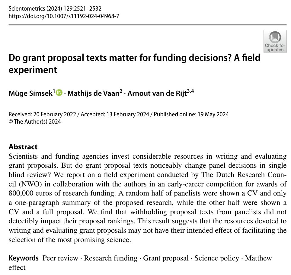 Do grant proposal texts matter for funding decisions? A field experiment 

Spoiler alert...NO!

#Grants #academia