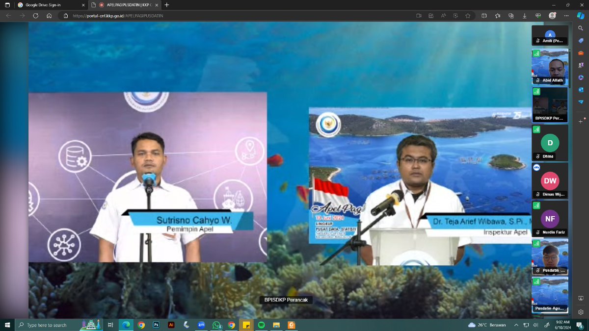 BPISDKP's tweet photo. Jembrana (10/6) BPISDKP ditunjuk sebagai petugas apel Lingkup Pusdatin secara virtual.
#25TahunKKP #SailBeyondwithBlueEconomy #2024KKPBeyond #SaktiWahyuTrenggono #PusdatinKKP #BPISDKP #InFoMarFish #SpatialisSPecial https://t.co/VE6CaR2qW9