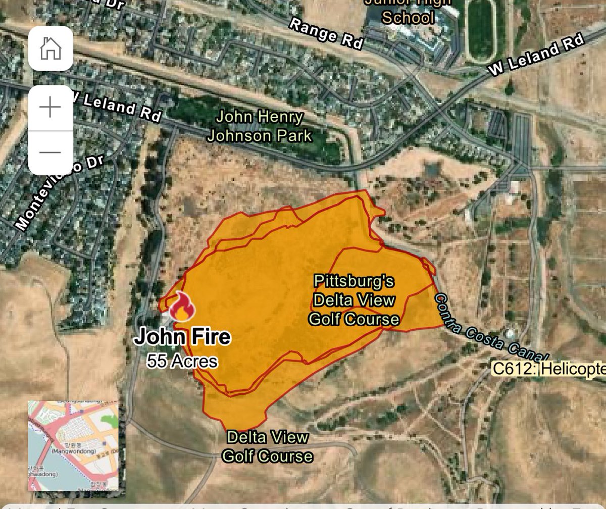 RobMayeda's tweet photo. At 55 acres per @CAL_FIRE site as of 6:30 pm. Some pretty bone dry grasses in the former Delta view golf course area, note wind pushing fire toward Contra Costa Canal and to the south of W Leland Rd #JohnFire 6/9/2024 https://t.co/654WxTB6CF