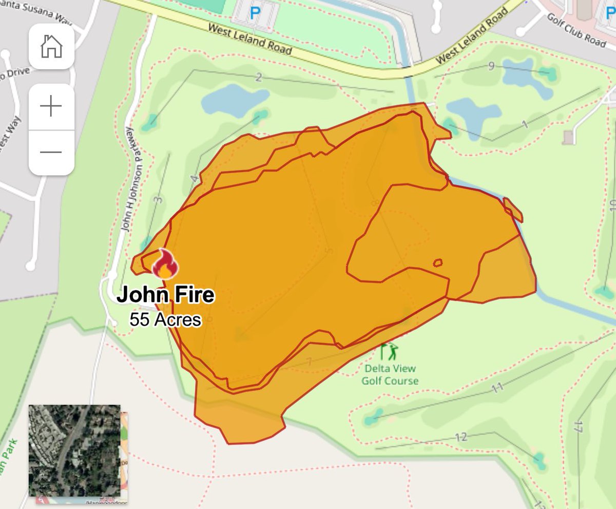 RobMayeda's tweet photo. At 55 acres per @CAL_FIRE site as of 6:30 pm. Some pretty bone dry grasses in the former Delta view golf course area, note wind pushing fire toward Contra Costa Canal and to the south of W Leland Rd #JohnFire 6/9/2024 https://t.co/654WxTB6CF