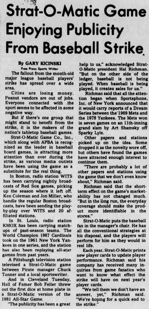 thebrj's tweet photo. Strat-O-Matic became big news during the 1981 baseball strike.
I'm working on a video and blog post on the subject — stay tuned.
This is from The Burlington Free Press in Vermont, July 15, 1981. Pretty good free publicity!
#stratomatic @StratOMatic https://t.co/jOhhqiKNLW