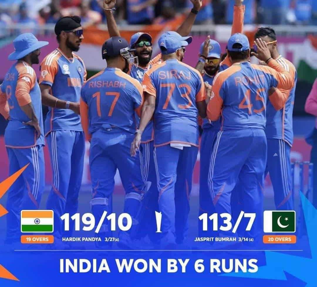 #worldcup2024 
भारत की एक बार फिर पाक पर जीत
हार्दिक शुभकामनाएं💐
भारत माता की जय