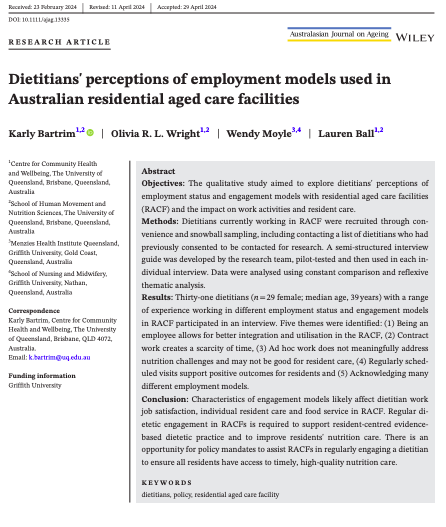 ProfLaurenBall's tweet photo. Proud of our #PhD ⭐ @KarlyBartrim for publishing her final paper!
It explored dietitians' perceptions of employment status &amp; engagement models with residential aged care facilities and the impact on work activities &amp; resident care @dietitiansaus 👏 https://t.co/n8zHrogCPZ https://t.co/evpstWHviT
