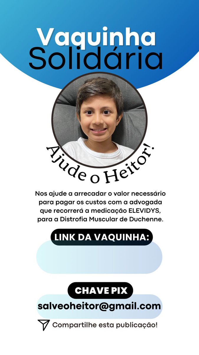 juupaaes's tweet photo. Heitor é primo do meu namorado e foi diagnosticado com Distrofia Muscular de Duchenne, ele precisa de um medicamento que custa 17 milhões, a família está lutando na justiça para conseguir o Elevidys, ajude a salvar o Heitor 💙 https://t.co/BXAItnIZV9