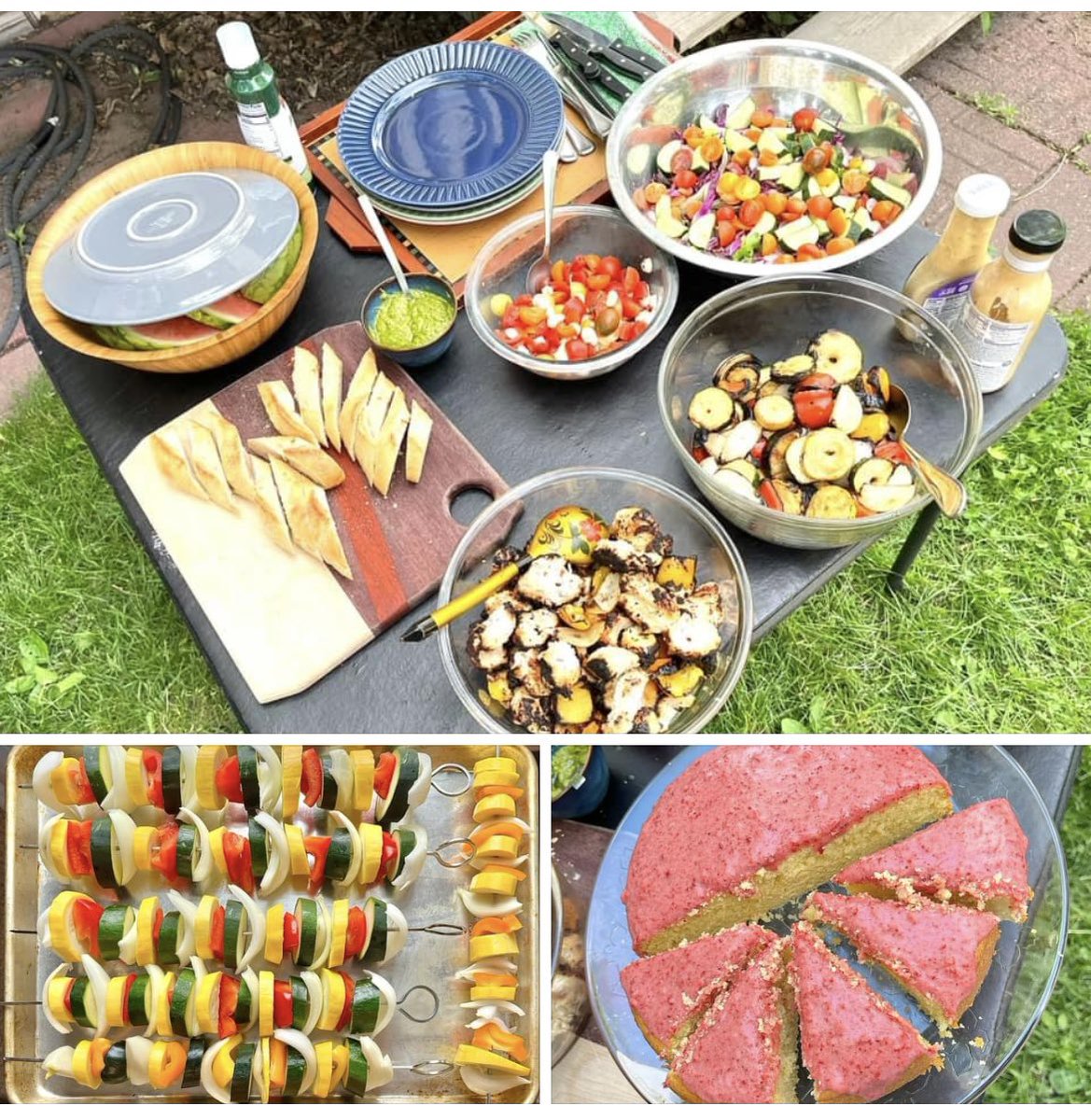 photosbyedie's tweet image. Marinated chicken and veggie kabobs (Peggy. and Edie) with garden salad, garlic scape pesto bruschetta (Emilia and Ryan), and passion fruit snacking cake with raspberry glaze (Emilia). Ahhh….summer. #grillingseason #freshveggies #backyarddining