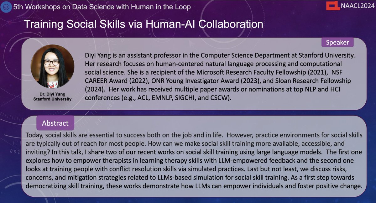 🌟Speaker Announcement🌟

Excited to have <a href="/Diyi_Yang/">Diyi Yang</a> from <a href="/Stanford/">Stanford University</a> to be an invited speaker at 5th #DaSHWorkshop #NAACL2024!     

Look forward to her talk on training social skills via Human-AI collaboration! 👏👏👏