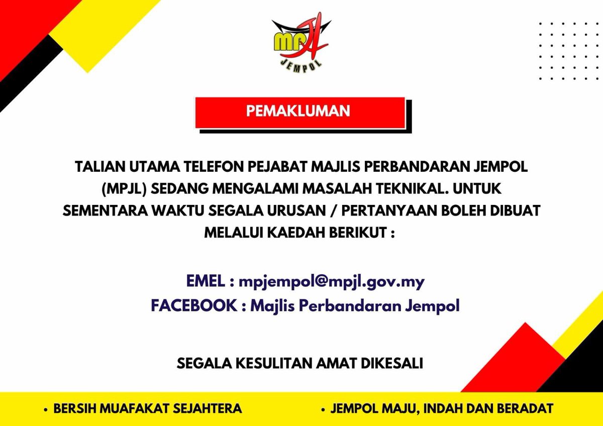 MPJempol's tweet photo. Pemakluman berkaitan gangguan talian telefon utama MPJL. Kerja-kerja baik pulih sedang dijalankan.

#makluman #mpjempol #jempolmajuindahdanberadat https://t.co/HZt7TXn98E