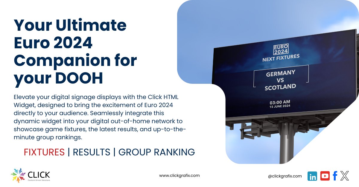 Don't Miss the Euro 2024 Action on Your Screens

- Group Rankings at a Glance:
- Customizable Backgrounds
- Flexible Screen Resolutions:
- Font Styling 

For more information, please click on the link below:
shorturl.at/uClUY

#dooh #digitalsignage #euro2024