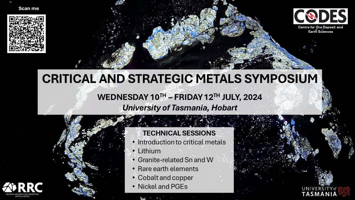 One month til the CODES Critical and Strategic Metals Symposium <a href="/UTAS_/">University of Tasmania</a>!  Session topics include Li, Sn, W, REE, Co, Cu, Ni and PGEs.
Still time to register your attendance, follow the instructions at utas.edu.au/codes/codes-cr… to register. We look forward to welcoming you to Hobart!