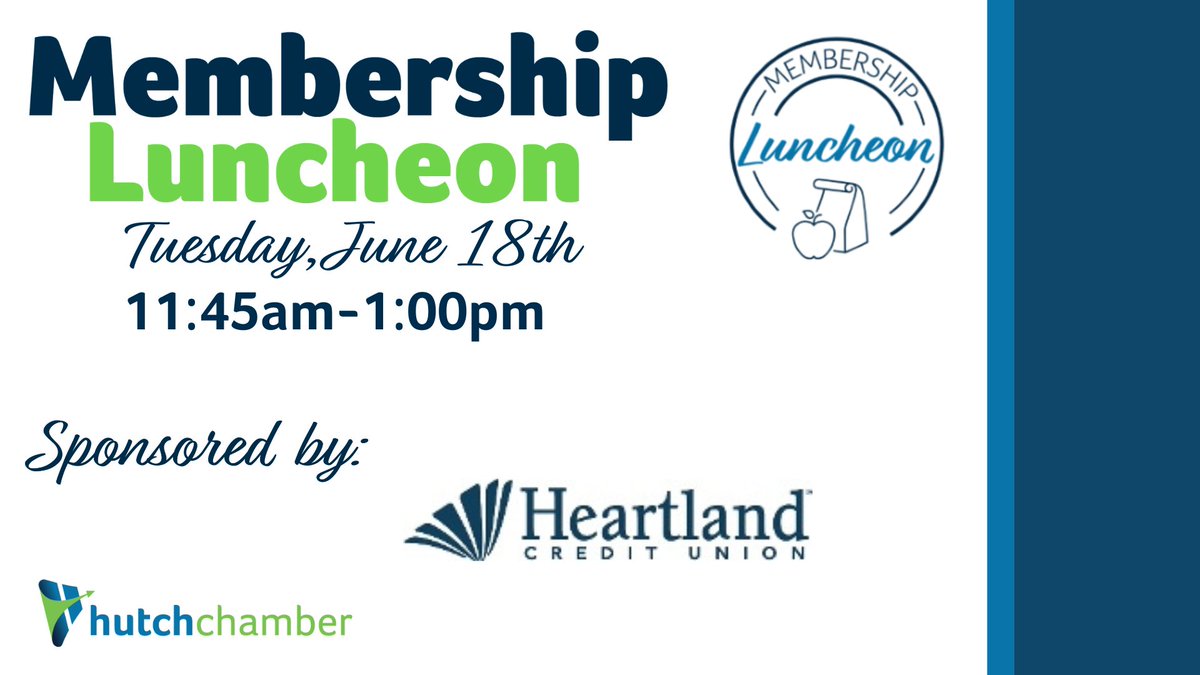 Make a note of our special date this month for the Membership Luncheon!  Thank you to our sponsor this month Heartland Credit Union!  Be sure to register soon!
fb.me/e/3y5fjhyLb

#membershipluncheon #choosehutch