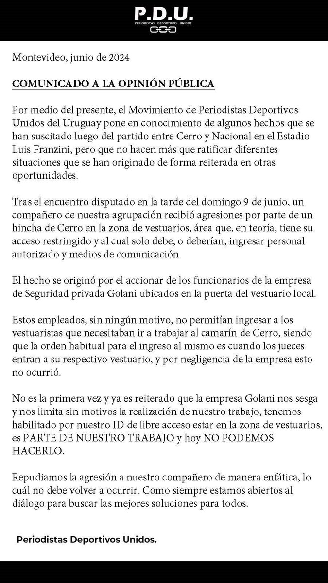 PDU_uy's tweet photo. Debido a la repudiable y lamentable agresión que sufrió un compañero de nuestra agrupación en el día de hoy, compartimos el siguiente comunicado. https://t.co/QOsuvmaaWe