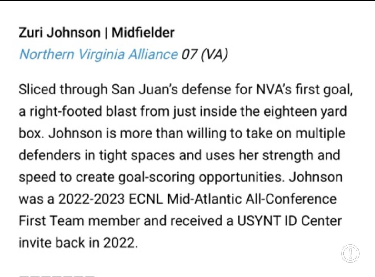 Zuri Johnson - 2026 - #2 (@zuridwjohnson) on Twitter photo Big thanks to <a href="/soccerwire/">soccerwire</a> for writing me up as one of the “Players That Impressed” @ last weekends ECNL NC Spring 2024 National Event.
<a href="/soccerwire/">soccerwire</a> @alliance07ecnl <a href="/topdrawersoccer/">TopDrawerSoccer</a> <a href="/imyouthsoccer/">ECNL/GA/Recruiting/College Soccer</a> <a href="/imcollegesoccer/">College Soccer Truth ™</a> <a href="/ecnlgirls/">ECNL Girls</a> Big thanks to <a href="/soccerwire/">soccerwire</a> for writing me up as one of the “Players That Impressed” @ last weekends ECNL NC Spring 2024 National Event.
<a href="/soccerwire/">soccerwire</a> @alliance07ecnl <a href="/topdrawersoccer/">TopDrawerSoccer</a> <a href="/imyouthsoccer/">ECNL/GA/Recruiting/College Soccer</a> <a href="/imcollegesoccer/">College Soccer Truth ™</a> <a href="/ecnlgirls/">ECNL Girls</a>