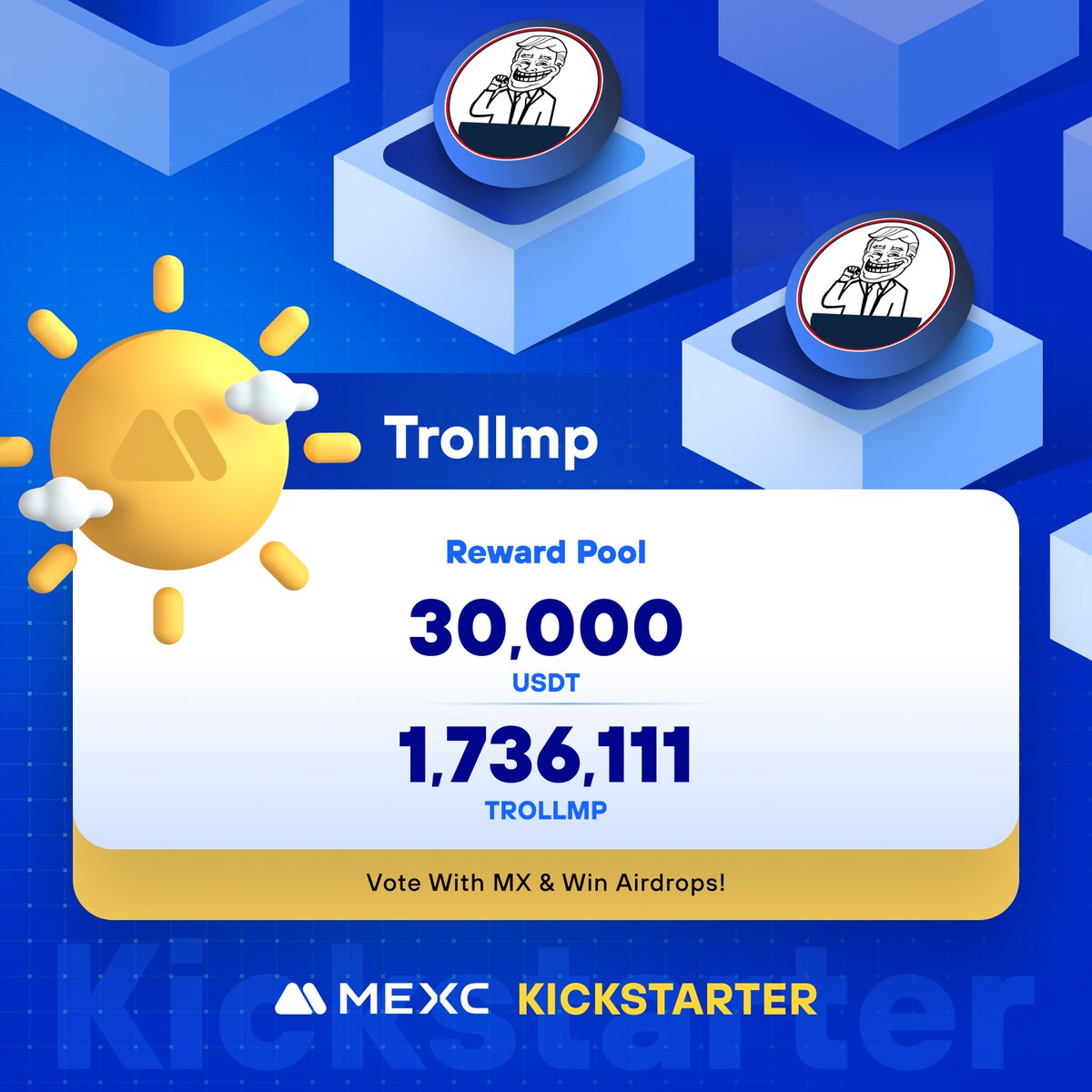 MEXC_Listings's tweet image. #Trollmp, a movement, a revolution, a testament to the power of memes, is coming to #MEXCKickstarter 🚀

🗳Vote with $MX to share massive airdrops
📈 #TROLLMP/USDT Trading: 2024-06-11 05:00 (UTC)

Details: mexc.com/support/articl…