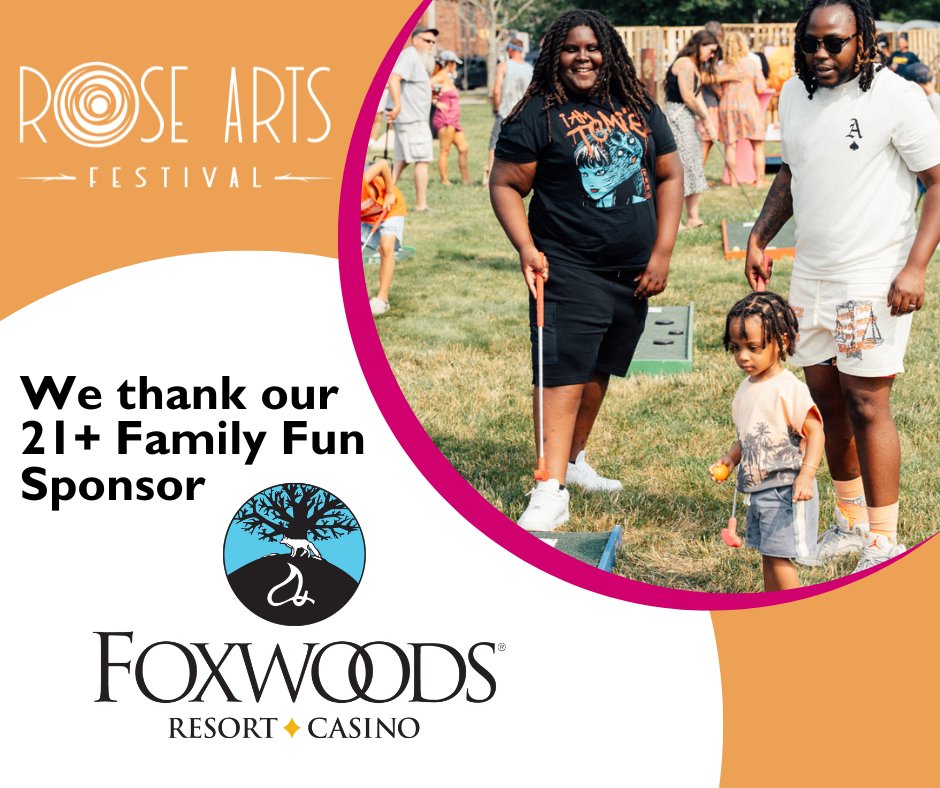 RoseArtsFest's tweet photo. We are so grateful for our 21+ Family Fun Sponsor - Foxwoods!

Head down to Chelsea Parade June 29th and join in on the fun - mini golf, cornhole, Jenga and, of course, our beer and wine tent - all made possible by Foxwoods!

#roseartsfestival #musicfestival #familyfun #artfest https://t.co/D4083oEMUD