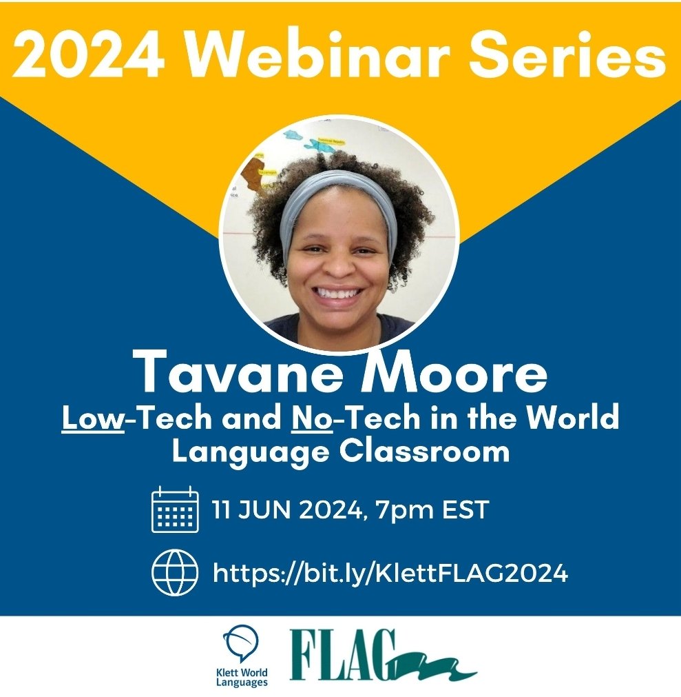 Want a variety of low/no-tech, active ENGAGEMENT strategies for your WL classes? Join our free webinar this Tuesday! <a href="/FLAGeorgia/">Foreign Language Association of GA</a> @gadoeworldlanguages <a href="/actfl/">ACTFL</a> <a href="/scolt/">Silas Colton</a> <a href="/alexbatesedu/">Alexandra Bates</a> <a href="/FultonCoSchools/">FultonCountySchools</a> @sscms  #LangChat #KlettFLAGeorgia
Link: Bit.ly/KlettFLAG2024