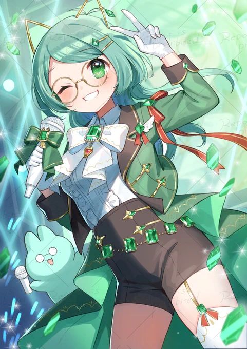 【お仕事】我が娘、きょん吉ちゃん  のお誕生日記念イラストを制作させていただきました!「宝石」「ステージ」のテーマで自由に描かせてもらいました楽しかった～!ちなみにエメラルドの石言葉は「幸福」「幸運」「安定」などです!#描くたー部 